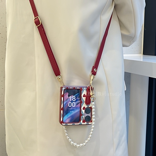 适用OPPOFindN3Flip酒红爱心n2flip手机壳小米mixfilp2斜挎挂绳手提链purax华为pocket2折叠女款可背皮质