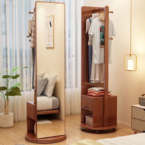 实木全身镜落地镜家用卧室穿衣镜带挂衣架一体可旋转移动试衣镜子
