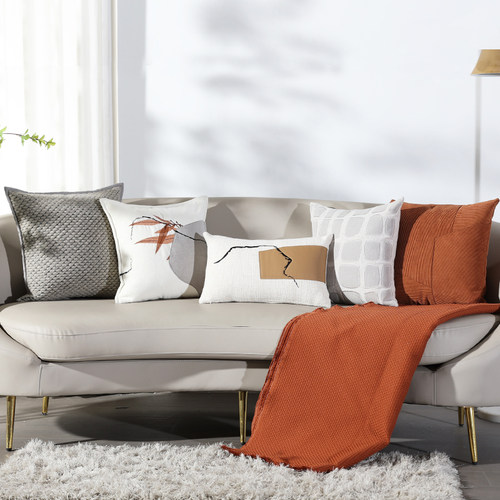 现代中式样板间民宿沙发抱枕靠垫米咖抽象绣花靠包设计师腰枕定制