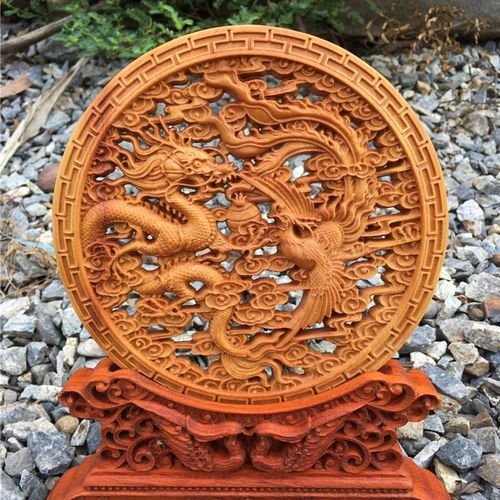 崖柏木雕圆盘龙凤呈祥  福禄寿摆件家居古典装饰品红木雕刻工艺品