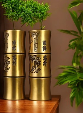 纯黄铜竹子香筒花瓶摆件铜笔筒桌面装饰品家居香薰摆设铜器工艺品