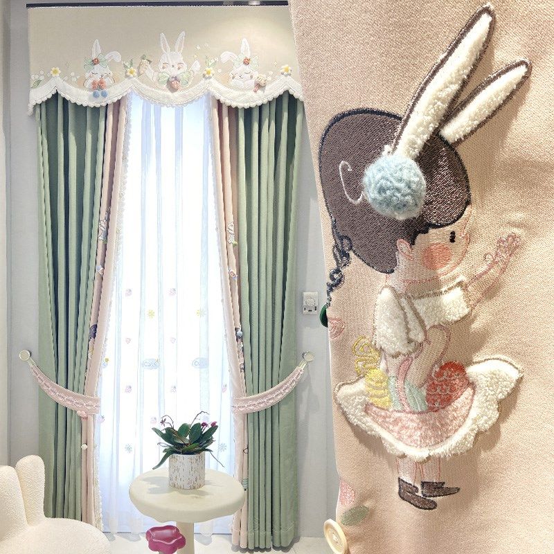 儿童房窗帘绿色卧室遮光女孩房间2024新款雪尼尔定制帘布遇见小兔,居家布艺,定制窗帘,淘宝优惠券,粉丝福利购,淘宝优惠卷