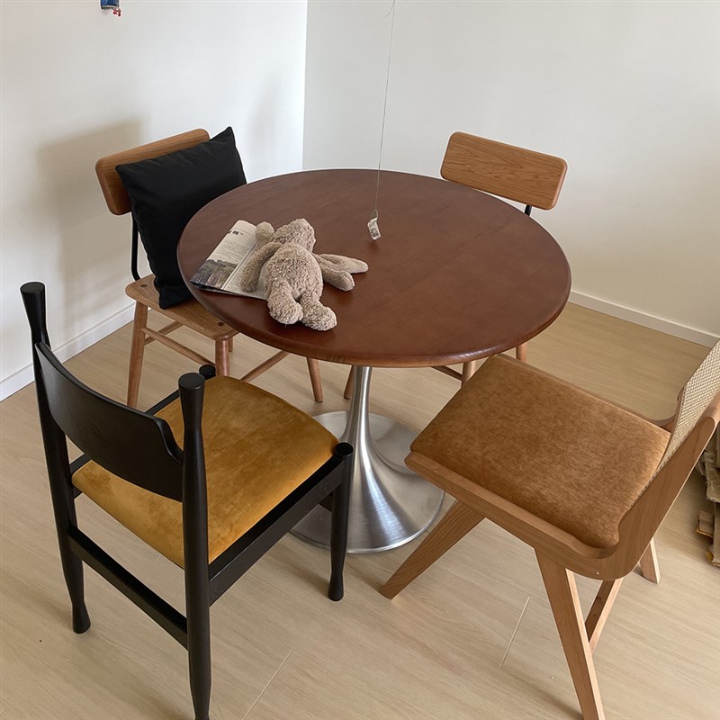 中古风家用白蜡木餐桌樱桃木板黄杨实木小户型郁金香红橡木圆形桌