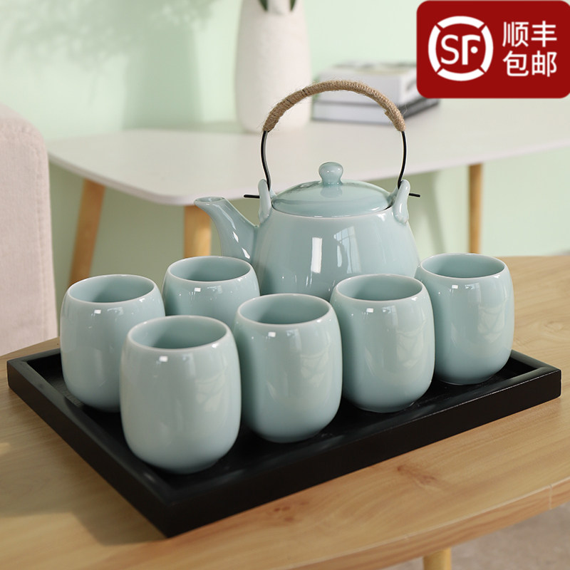 青瓷提梁壶茶具套装整套大容量茶壶带过滤网水杯茶杯餐厅1.5升家
