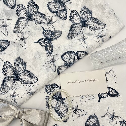 轻奢立体蝴蝶剪花面料 黑白素描风 设计师款礼服裙网纱布