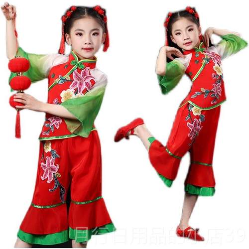 正品新款六一儿童歌舞蹈演出服民族扇服子舞门红秧喜庆开打鼓多彩