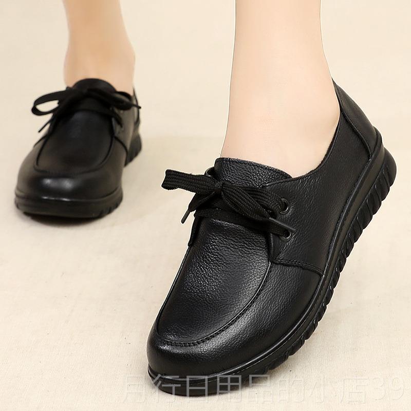 正品春秋黑色工作鞋真皮底圆平头系妈妈皮鞋底软单鞋带女士有鞋带