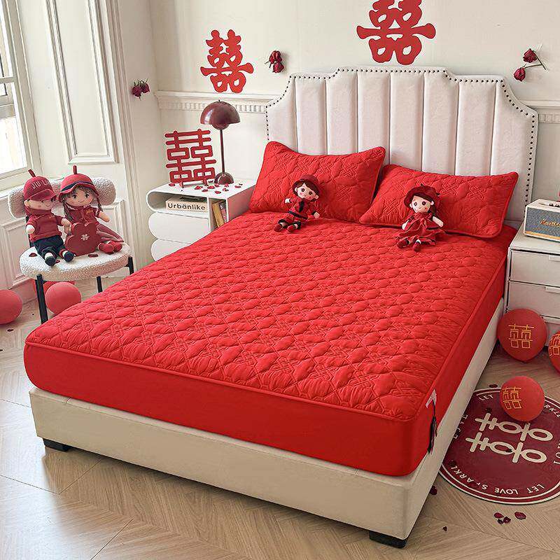 结婚大红色床笠单件全棉纯棉床罩款床单防滑婚庆床垫席梦思保护套