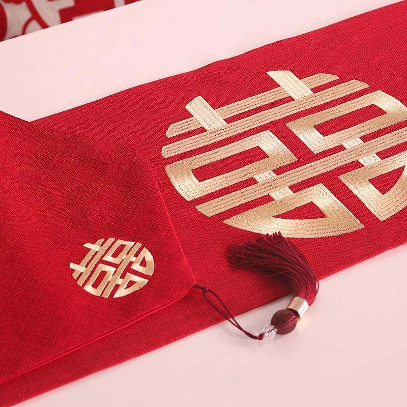 新中式复古结婚棉麻绣桌旗红色茶几桌布喜庆喜事餐桌布长条茶桌布