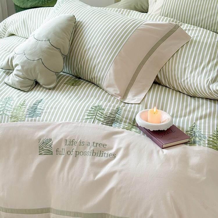 送抱枕小清新纯棉磨毛四件套小树刺绣加厚全棉被套床单款床品绿色