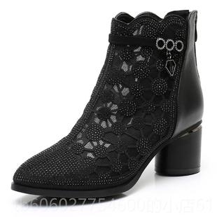 短靴女春秋单靴时尚带钻2792纱网妈跟妈鞋中真皮靴粗跟洋气子女士