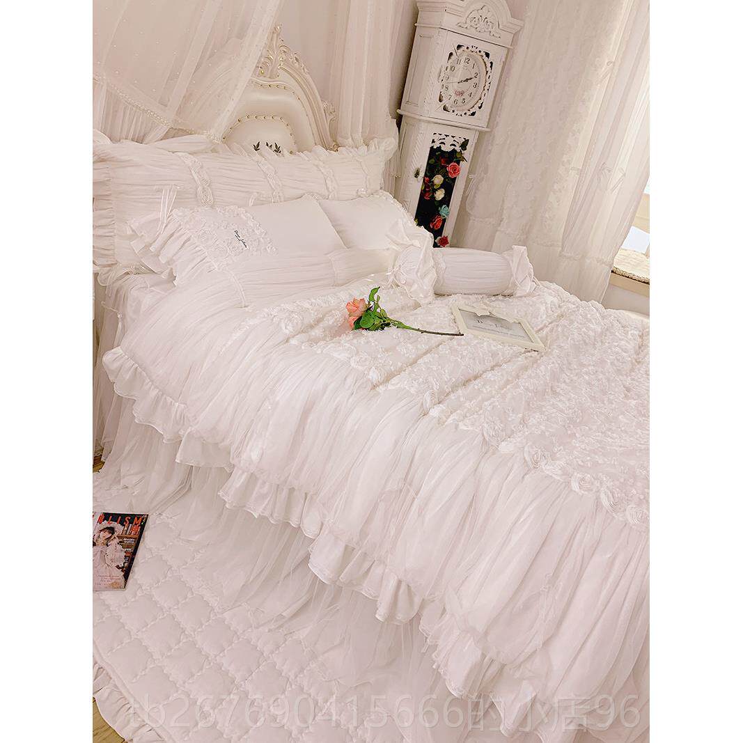 高档韩色国端蕾丝纯全棉床白玫瑰立体花公主品四件套夹棉床裙高可