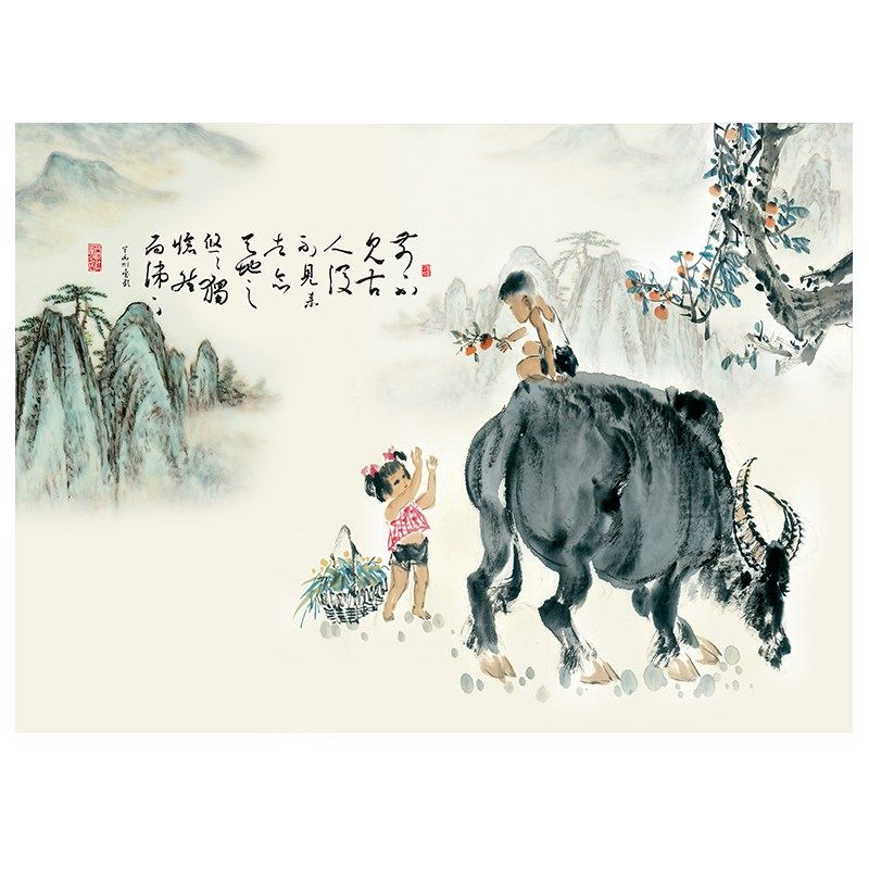 国画春牛图招财客厅书房室内挂画茶室别墅装饰画楼梯转角墙画布画