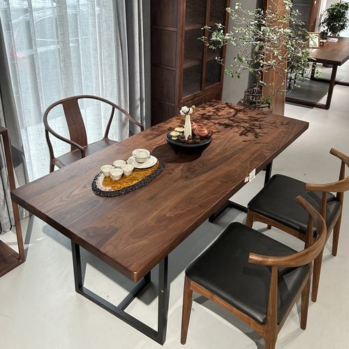 北美黑胡桃木大板实木长方形小户型客厅书桌家用原木风餐桌中岛台