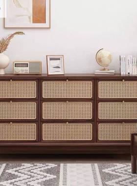 慕ZLS森款实木小斗餐柜藤卧编边抽屉纳简收约客厅玄关室展示柜日