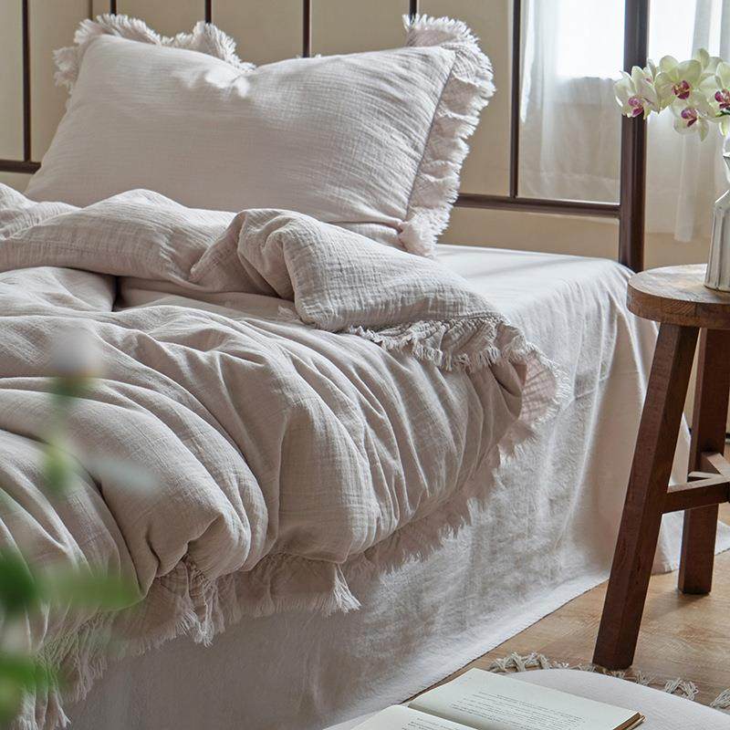 简约轻纯流色苏花边双层皱皱纱单全棉四件套亲IZX奢肤床被套床上