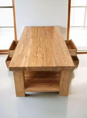 榆老屉木UAB茶家用实木餐桌多格带抽矮桌民宿几复古餐桌办公茶台