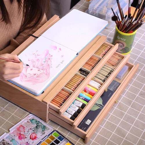 榉木抽木质画架画盒桌面收油无品牌/屉画箱纳盒画画架套装支架板