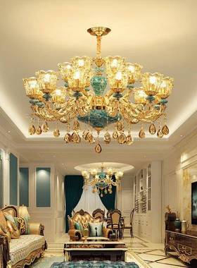 式吊灯奢华客厅灯现晶代简约大卧气家用法式蓝色768欧陶瓷吊灯室