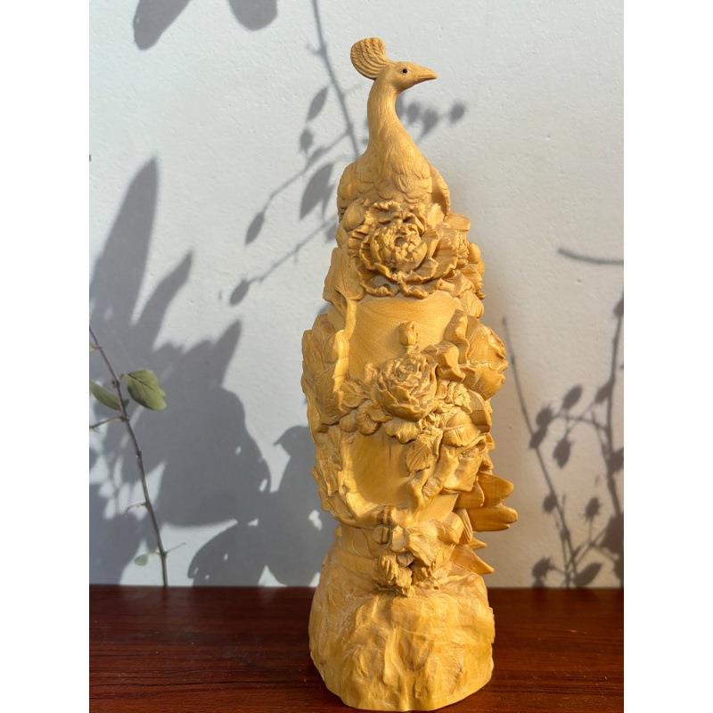 宗小叶黄杨精DNQ木雕荣华富贵孔雀牡丹摆件家装居办公饰品工正艺