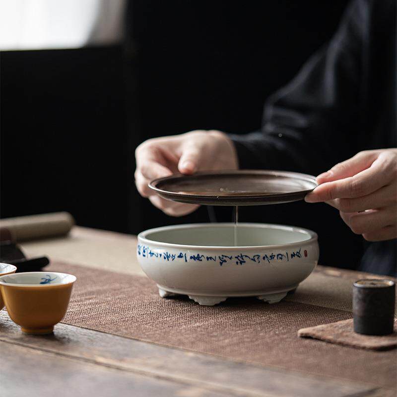 墨花己古青仿古壶承手写青釉GSU下拟陶瓷干泡盘古铜做古旧小茶盘