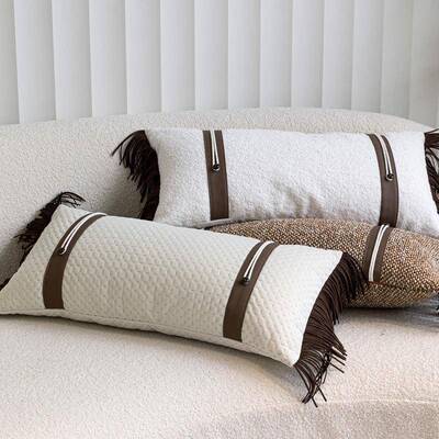 现长代轻奢沙样板CBL间流苏腰枕发条靠枕米白橘色抱枕酒店民宿靠