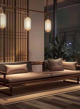 榻新中式北美胡桃木罗汉床墅客别厅现代实木贵妃轻奢沙发麦LCU黑