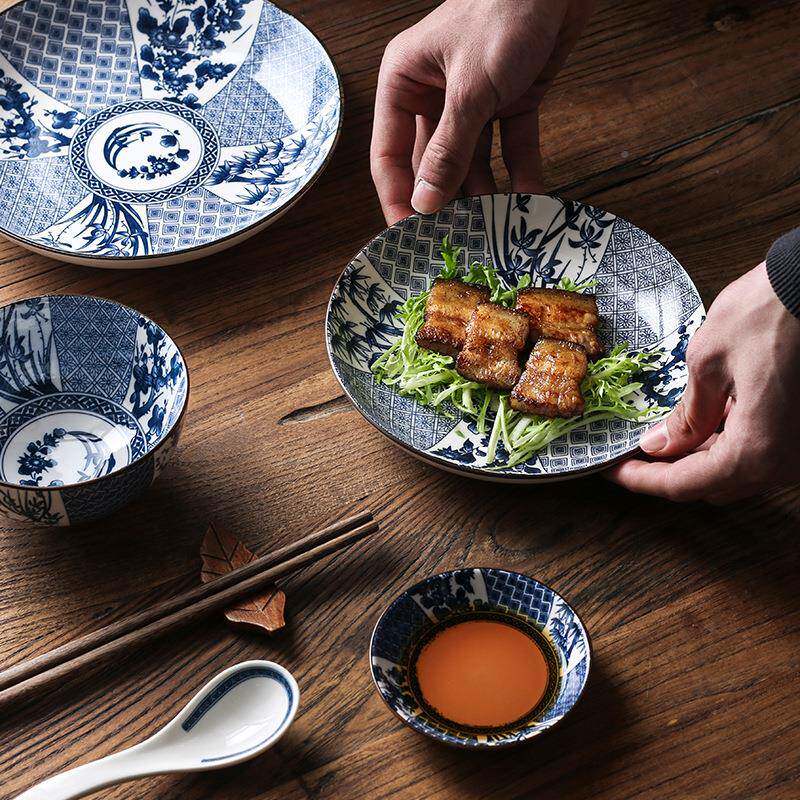 釉下彩日式碗碟饭家用全套陶LMN瓷碗盘餐具套和风复古盘子碗装碟