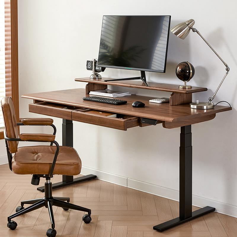 木IL北美桌黑胡桃电动升降智能实木桌办公书桌站立式电脑电PYD竞