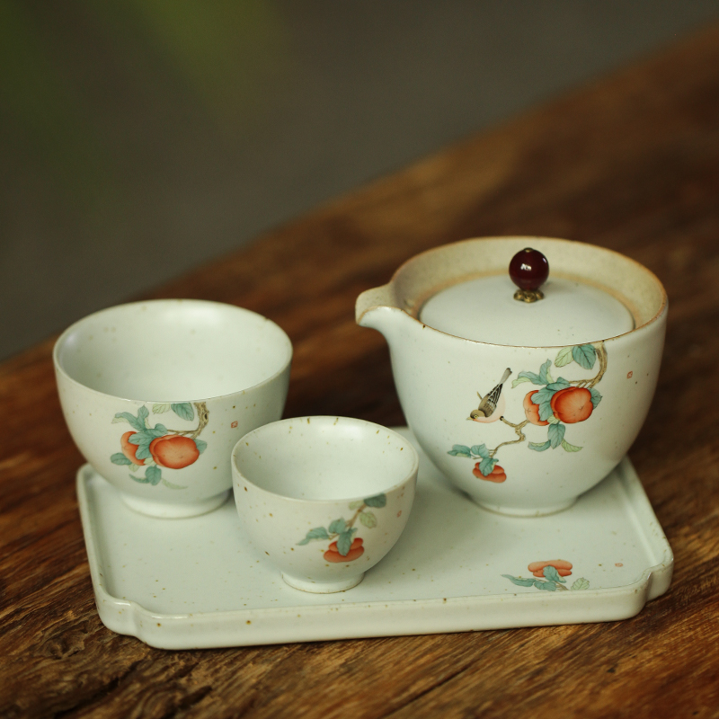 民宿风快客杯一壶两杯套装汝窑粗陶手绘柿子陶瓷功夫茶具礼品