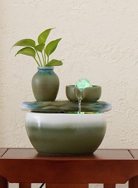 财源滚滚小型流水摆件循环水生财陶瓷桌面装饰客厅玄关古法鱼缸