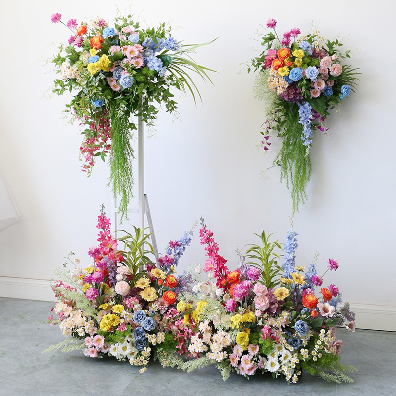 清新彩色花艺订婚布置仿真花卉婚庆路引背景拱门挂花橱窗商业花艺