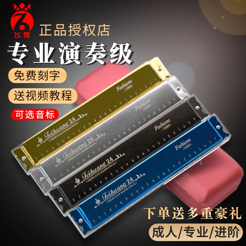 德国进口音簧飞煌24孔复音重音口琴专业演奏C/A/B/C/D/E/F/G#12调