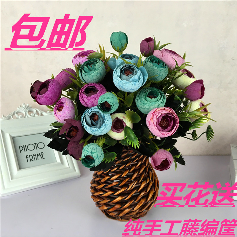 客厅卧室摆放仿真花艺套装饰品室内塑料假花绢花藤编玫瑰盆栽摆件