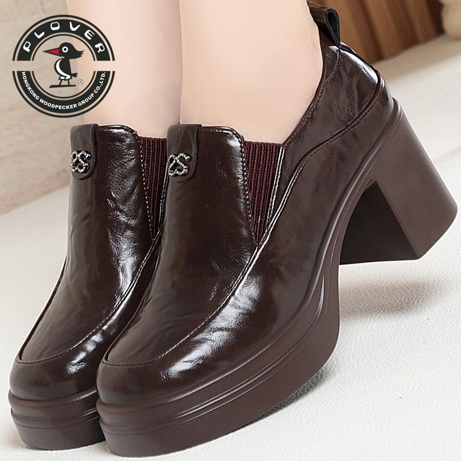 PLOVER复古圆头粗跟厚底防水台单鞋高跟一脚蹬不累脚通勤工作女鞋