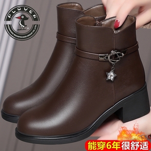 PLOVER英伦风金属扣粗跟短靴女冬季加绒保暖百搭软底防滑妈妈女鞋