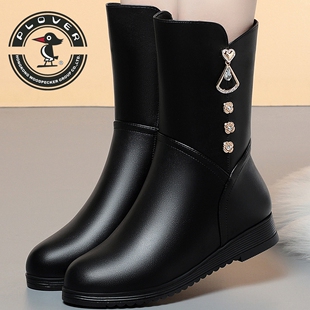 PLOVER休闲中筒靴女冬季水钻平底软面中年妈妈靴爆款大码女鞋42