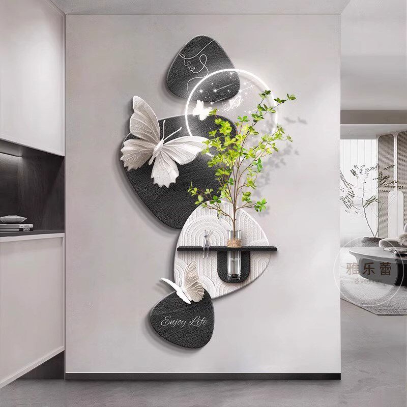 奶油风入户玄关装饰画水培绿植客厅走廊过道挂画高级感正对门壁灯