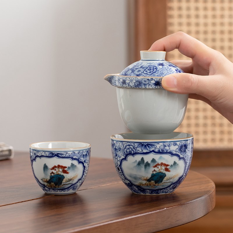 便携式旅行茶具小装手抓泡茶壶茶杯复古青花瓷简易露营游快客杯