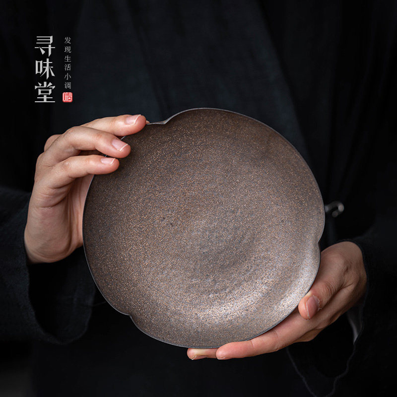 古铜釉粗陶壶承复古鎏金铁锈釉茶托茶点盘杯垫陶瓷功夫茶具托盘