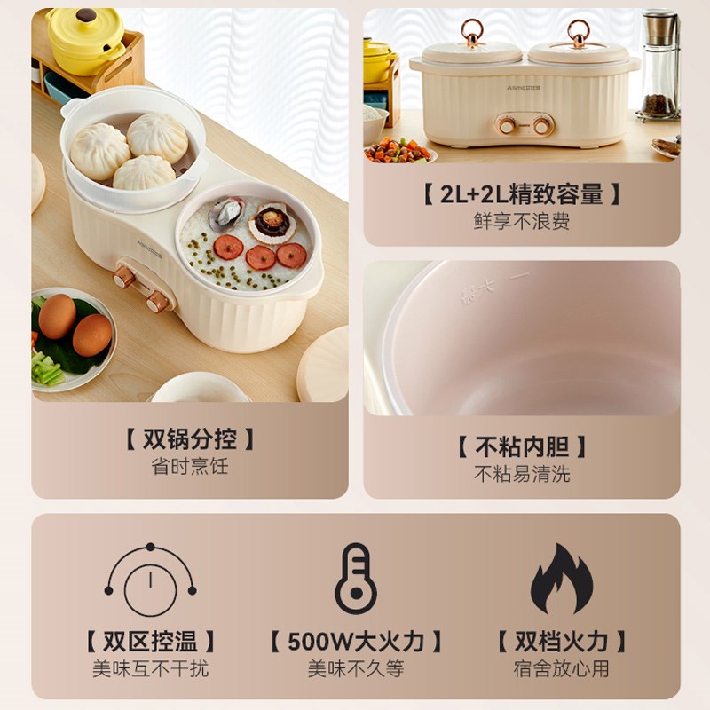艾仕玛多功能鸳鸯电煮锅1-2人宿舍锅蒸煮一体电火锅小型电饭煲