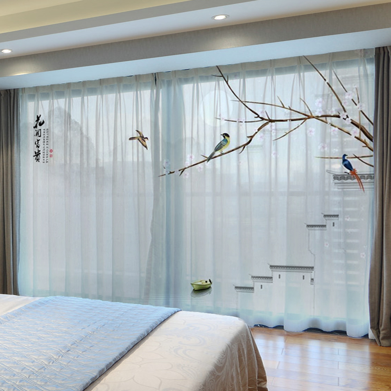 现代简约中式山水风景江南水墨画图案客厅茶室古典大气背景窗纱帘