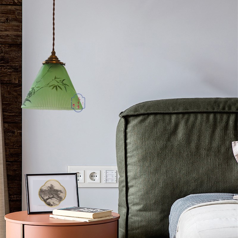 复古绿色百褶玻璃吊灯古铜古银色灯具茶室 餐厅卧室阳台 文艺灯具