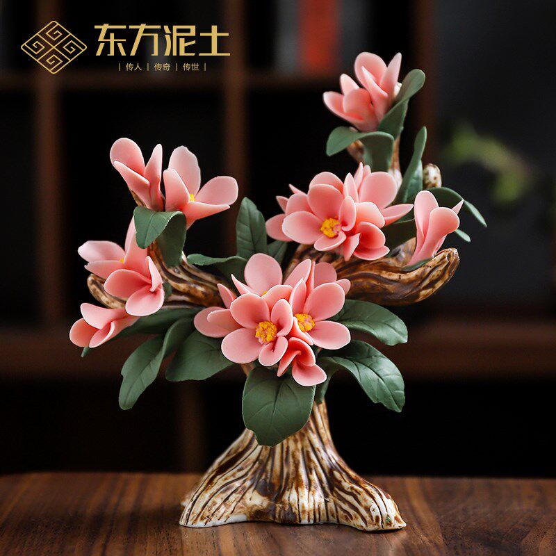东方泥土非遗手工陶瓷桂花桌面装饰摆件 瓷花牡丹客厅博古架酒柜