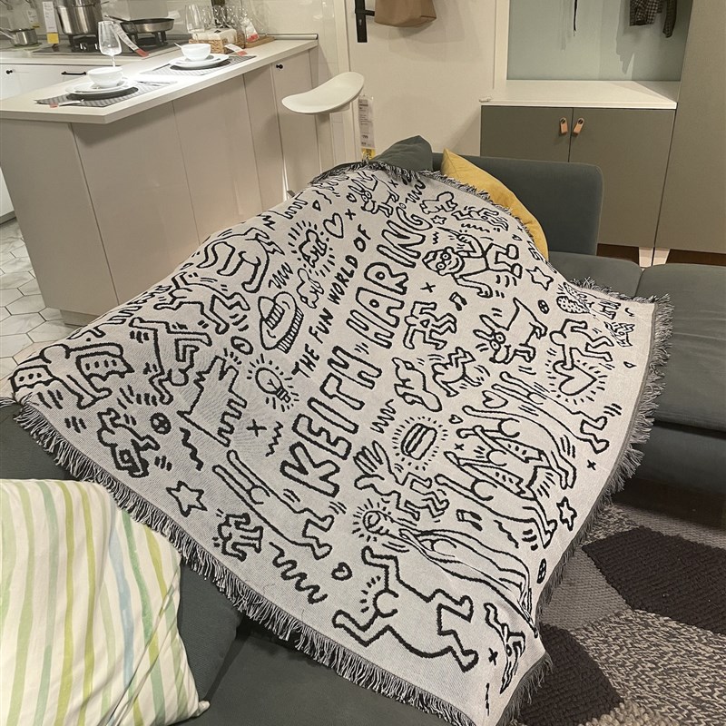 凯斯哈林黑白涂鸦大师Keith haring装饰挂毯沙发床盖毯毛毯针织毯