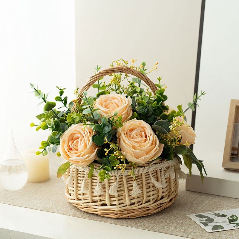 田园风手工编织花篮仿真花玫瑰假花圆形尤加利叶绿植装饰摆件礼盒,家居饰品,仿真花/假花,淘宝优惠券,粉丝福利购,淘宝优惠卷
