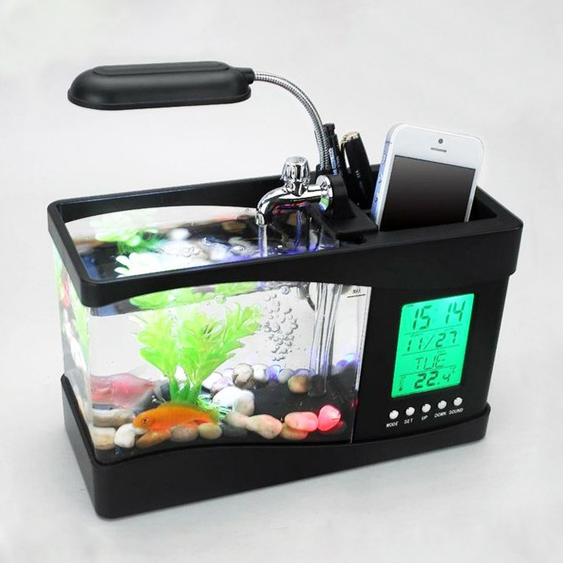 桌面迷你型小鱼缸水族箱 电脑办公桌创意笔筒鱼缸 带台灯电子时钟