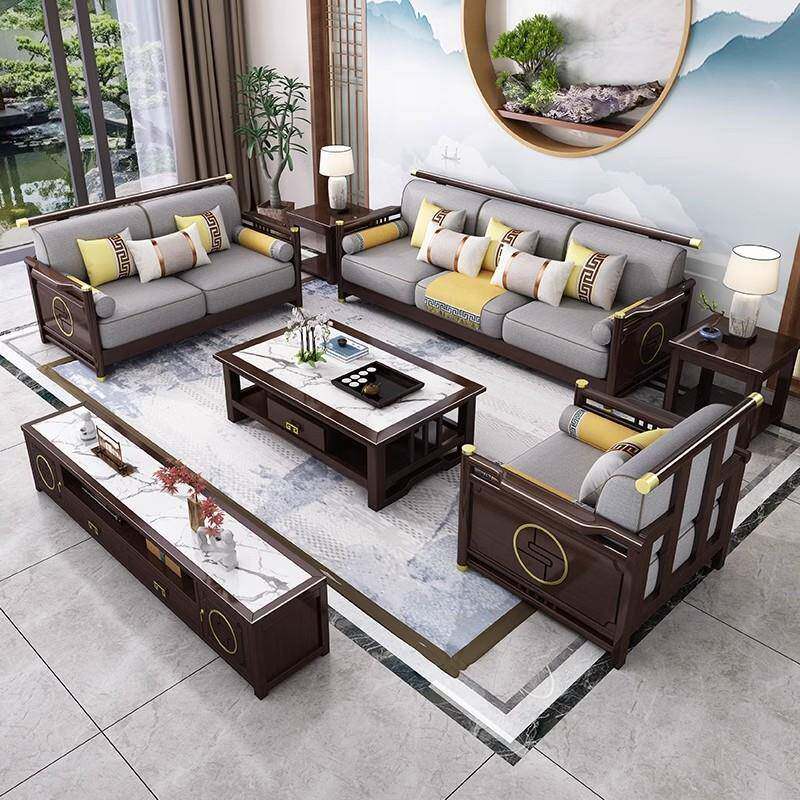 组新中式轻奢全木沙985发合现代中式客厅木加布转角贵实妃r沙*