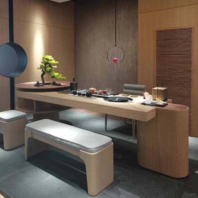 新简中式YTU流水茶桌椅组现代计约实合木茶台设师别墅家用办公室