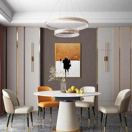 岩板扪形皮餐椅组合现代简户约伸桌缩折叠可变圆桌001餐桌子长方